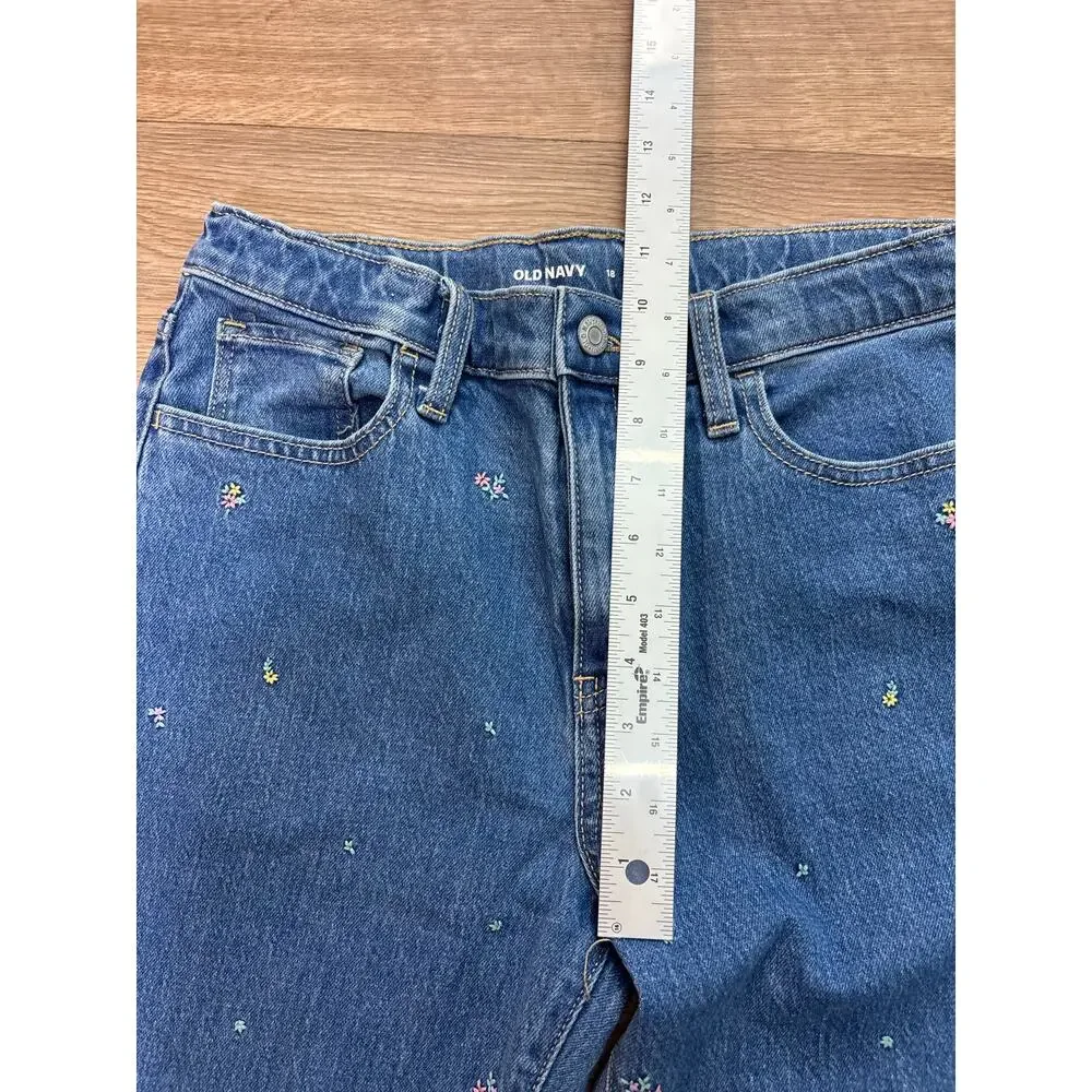 Old Navy Girls High-Rise Flare Jeans Embroidered Floral Blue Denim Size 18